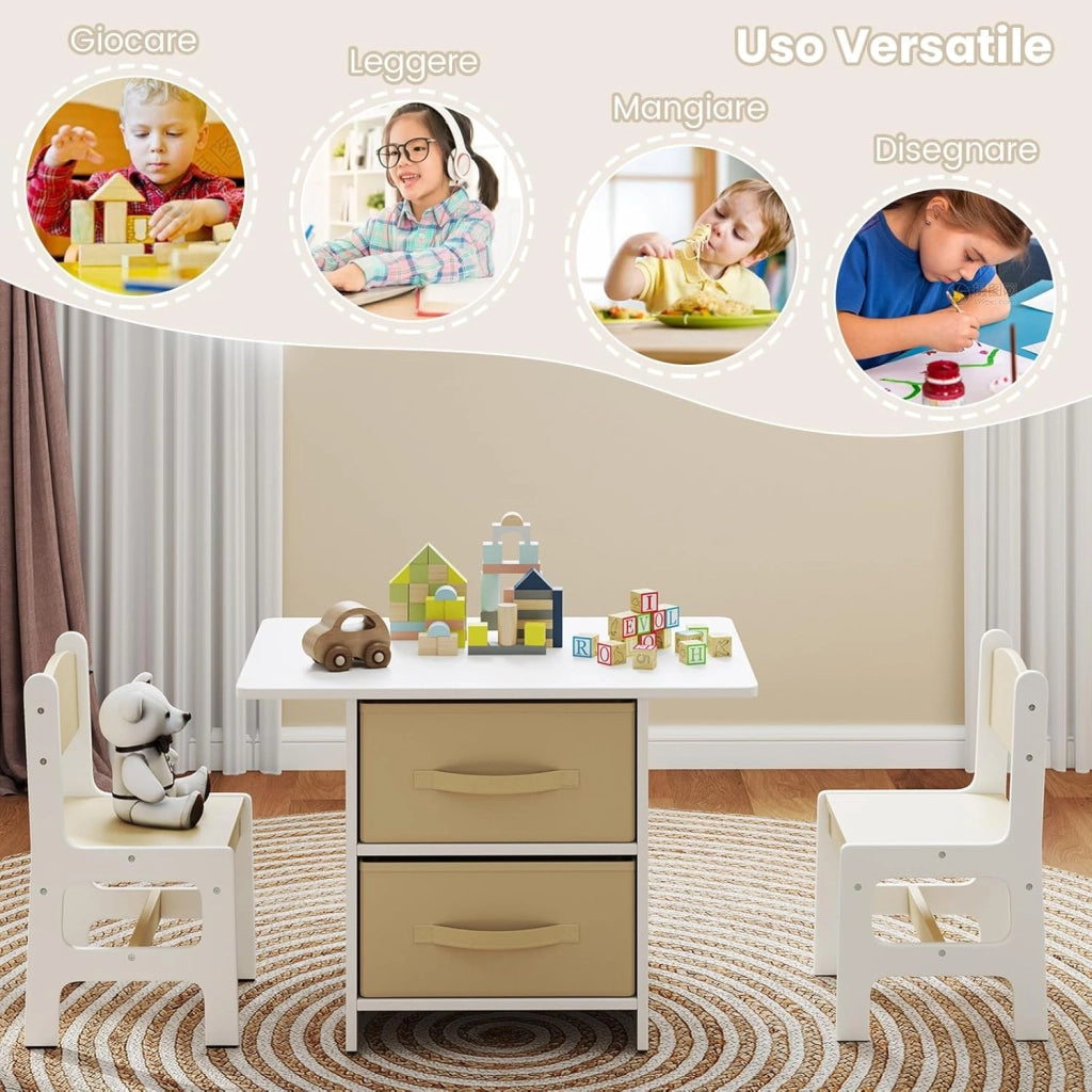 Set Tavolo e Sedie per Bambini 1-7 Anni, Tavolino in Materiale Atossico e Indore con 2 Sedie Ergonomiche con Schienale, Angoli Arrotondati, Ideale per Giocare, Disegnare e Leggere (Beige)