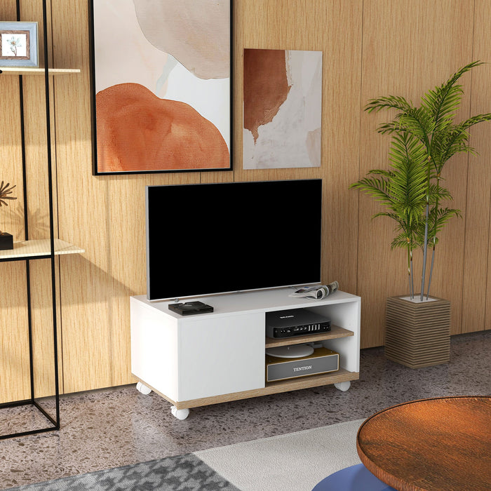 Mobile TV 42" Max con 2 Ripiani Aperti e Anta e Ruote 80x45x39.5 cm in Truciolato Bianco