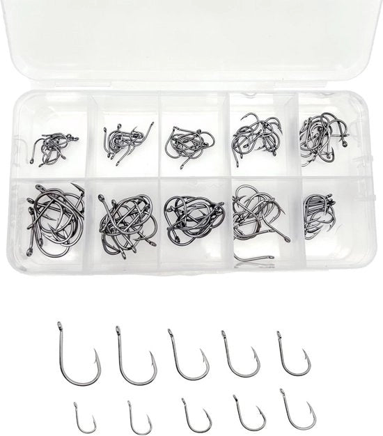 Vishaken a Cilindro in Acciaio con Occhi e Maniglia di Ricircolo - 100 Stuks - con Scatola di Plastica - Haak di Ricircolo