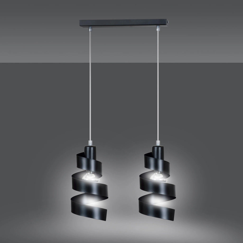 Lampadario Moderno 2 Luci Tristano In Acciaio Nero Con Fasce A Spirale