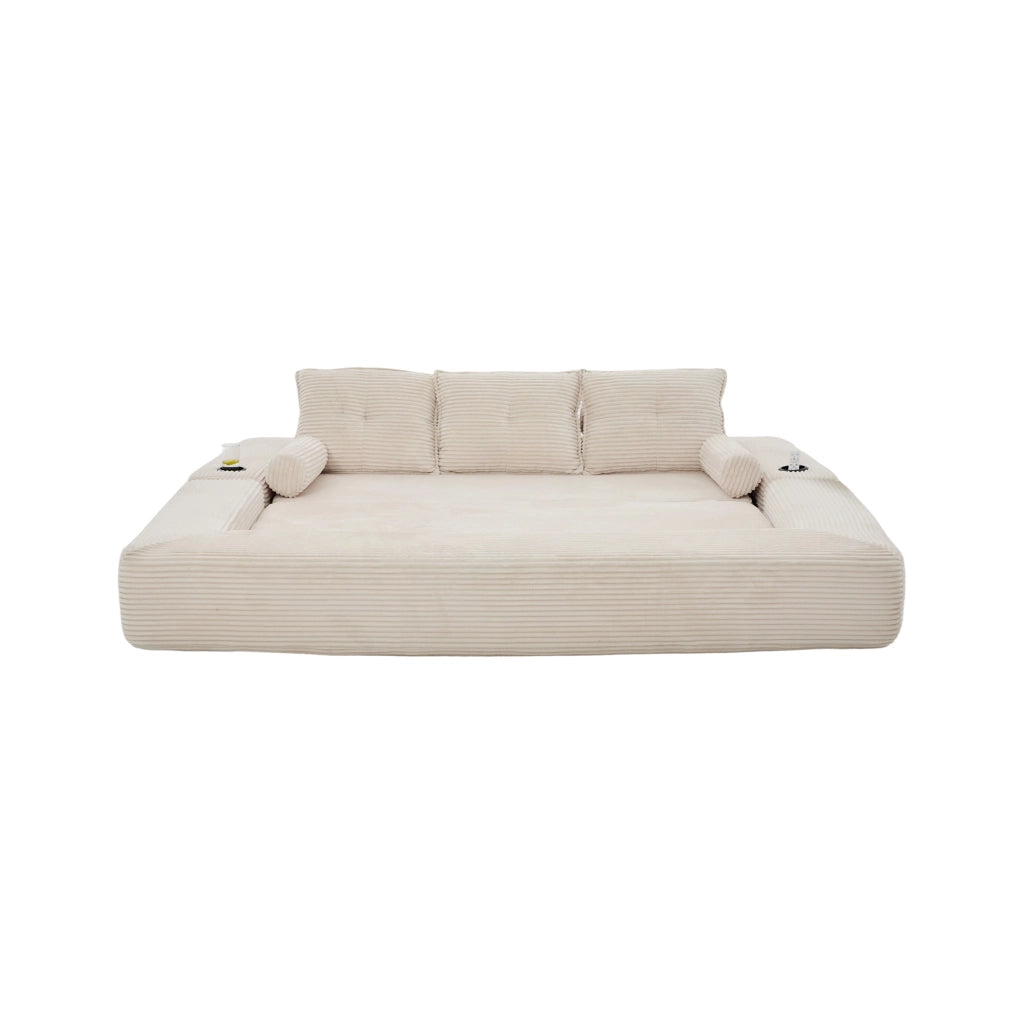 Divano letto modulare a 3 posti con tasche e portabicchieri in tessuto a coste beige