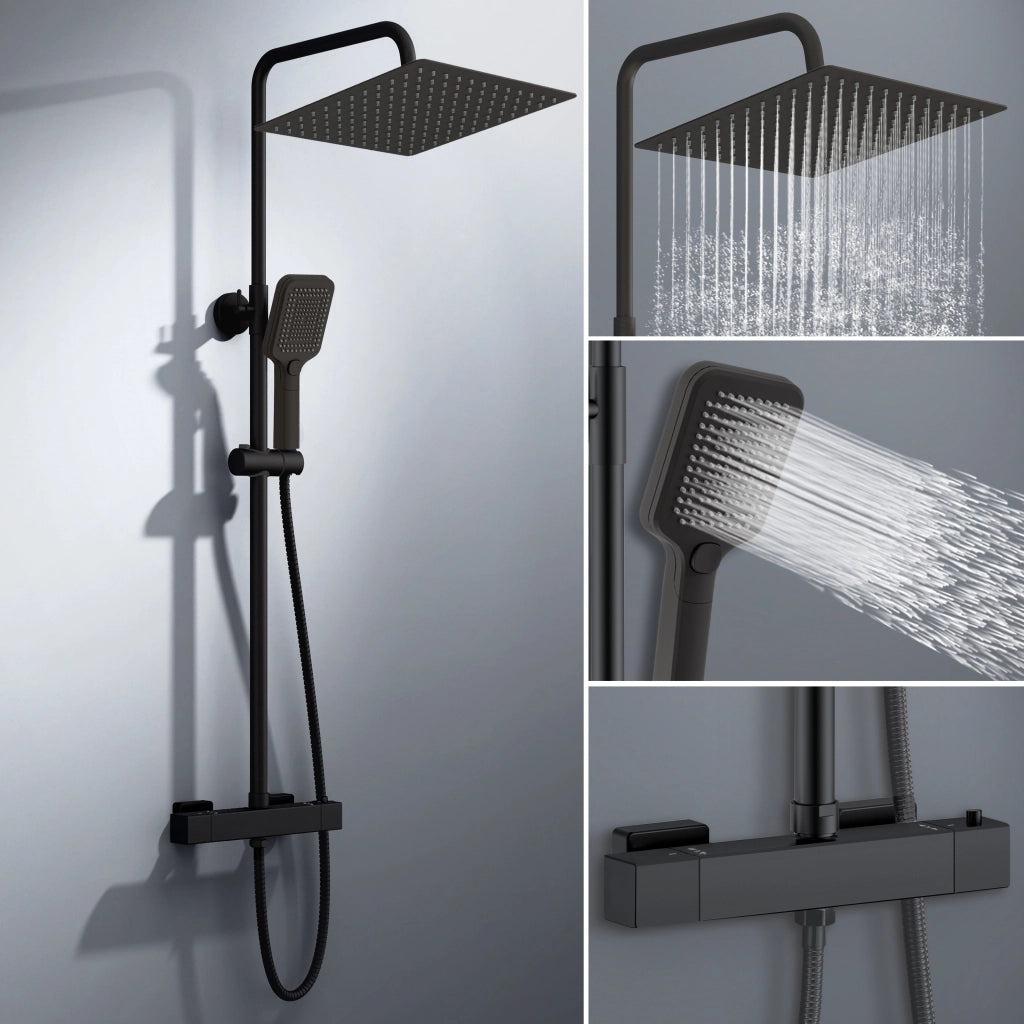 Colonna doccia con miscelatore termostatico, saliscendi doccia tondo regolabile 72-120cm, nero