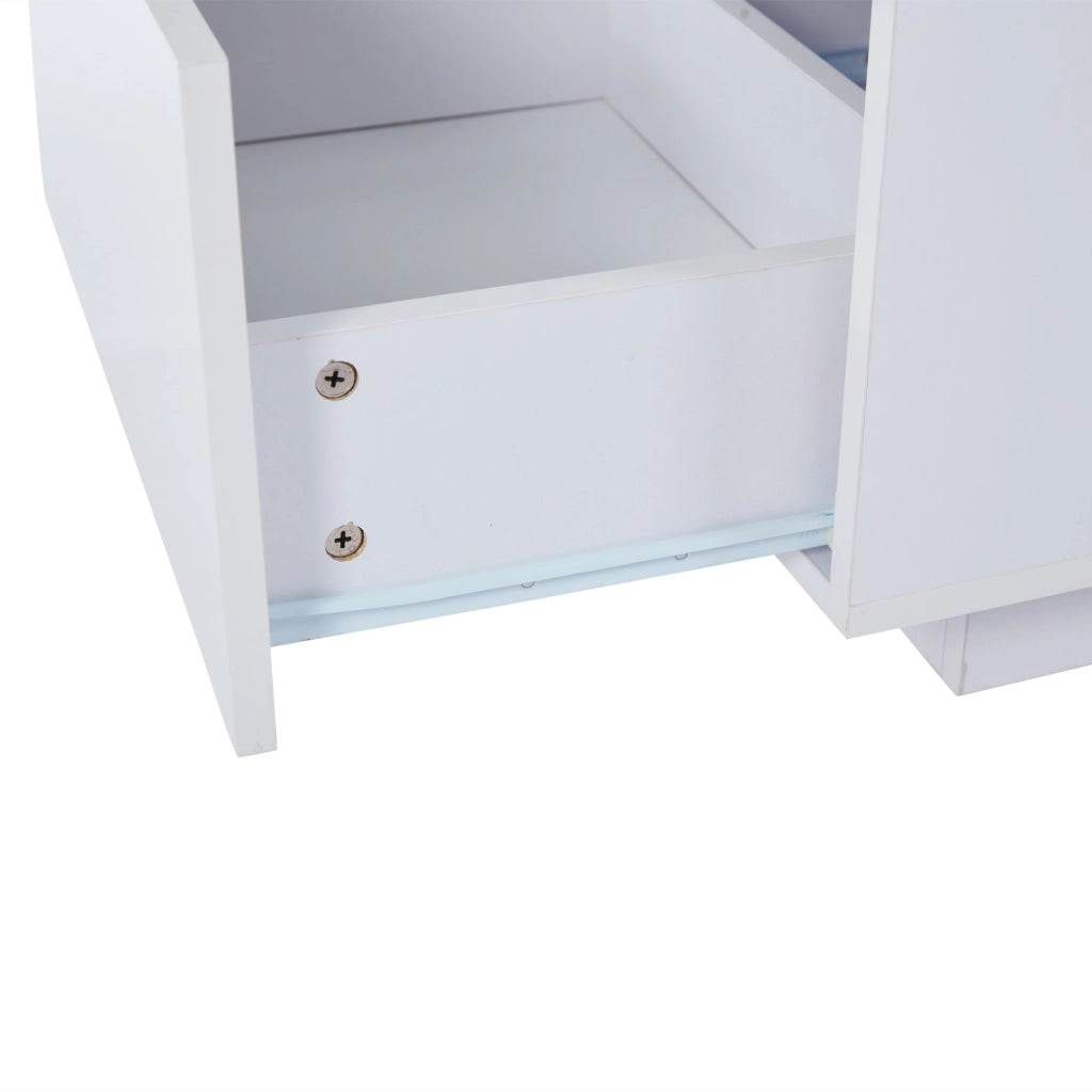 Tavolino da caffè moderno bianco lucido con LED, 100 x 50 x 35 cm, con 2 cassetti e piano in acrilico, struttura in MDF