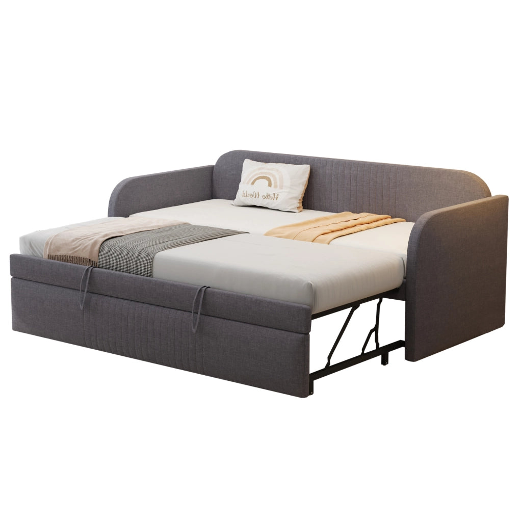 Divano letto imbottito estendibile 90/180x190 cm in tessuto effetto lino grigio