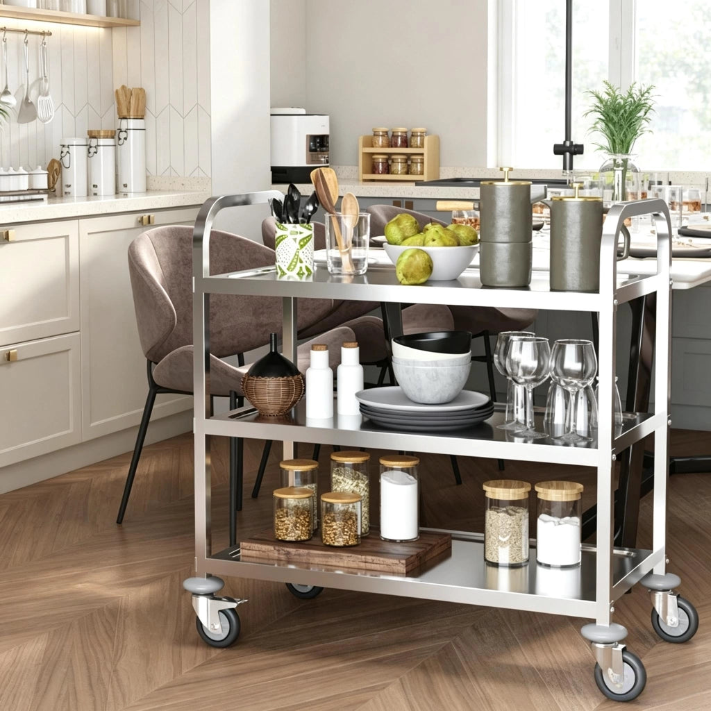CARRELLO di servizio a 3 ripiani 90,5x50,5x88,2 cm in acciaio inox cromato