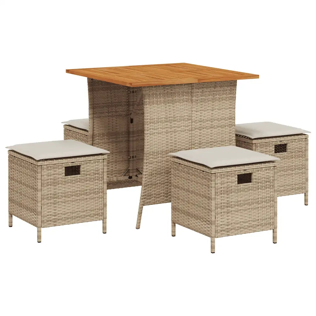 Set da Pranzo da Giardino 5 pz con Cuscini Beige in Polyrattan