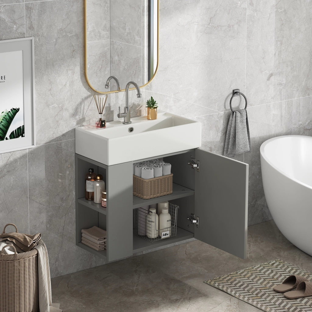 Mobile lavabo da bagno compatto con vani laterali; pannello 3D; grigio e bianco