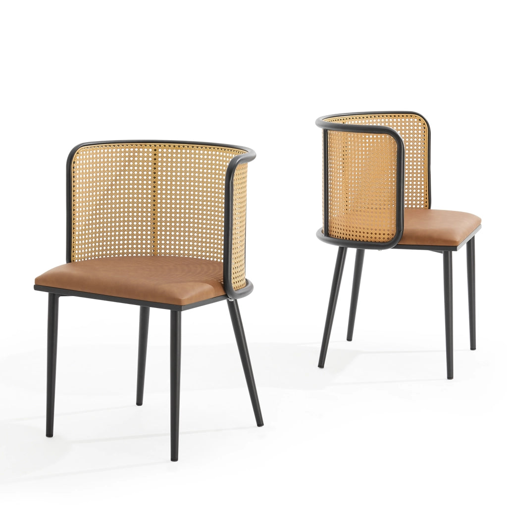 Set di 2 Sedie 'Flen' Sedute in Similpelle Schienale in Rattan - Marrone / Nero [en.casa]