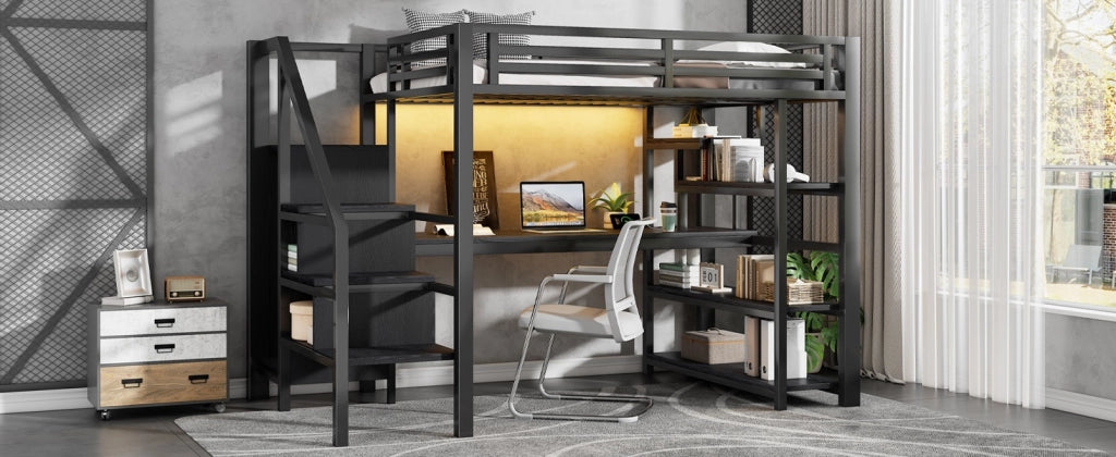 DESMIU Letto a soppalco 140 × 200 cm 2 posti con armadio, scrivania, ripiani, LED, senza materasso, in metallo, nero