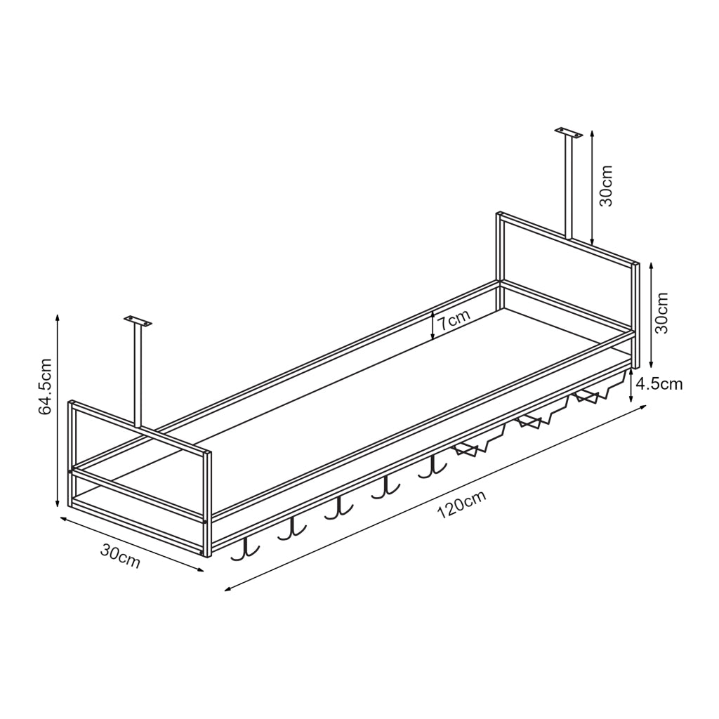 Portabottiglie Sospeso da Soffitto Borejle con Portacalici e Ganci per Tazze 120x30x65 cm Nero / Effetto Noce [en.casa]