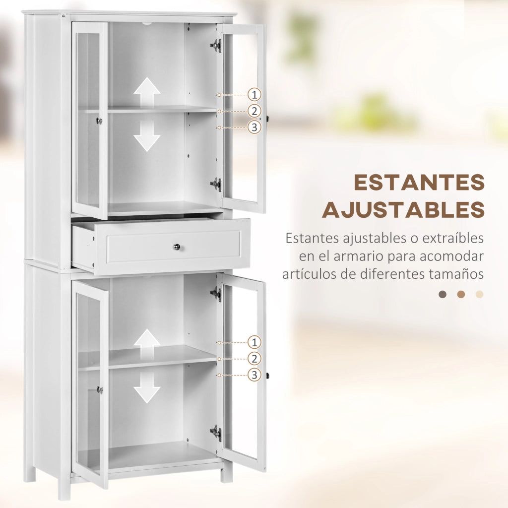 Mobile Vetrina Cucina ¨C Xylo ¨C 4 Ante Vetro con Cassetto e Ripiani Regolabili 74x35,5x181,5cm Bianco