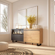 Credenza, Mobile, 208x35x87cm, 4 Porte, Camino elettrico XXL, Design industriale, colore Rovere e nero RF3222