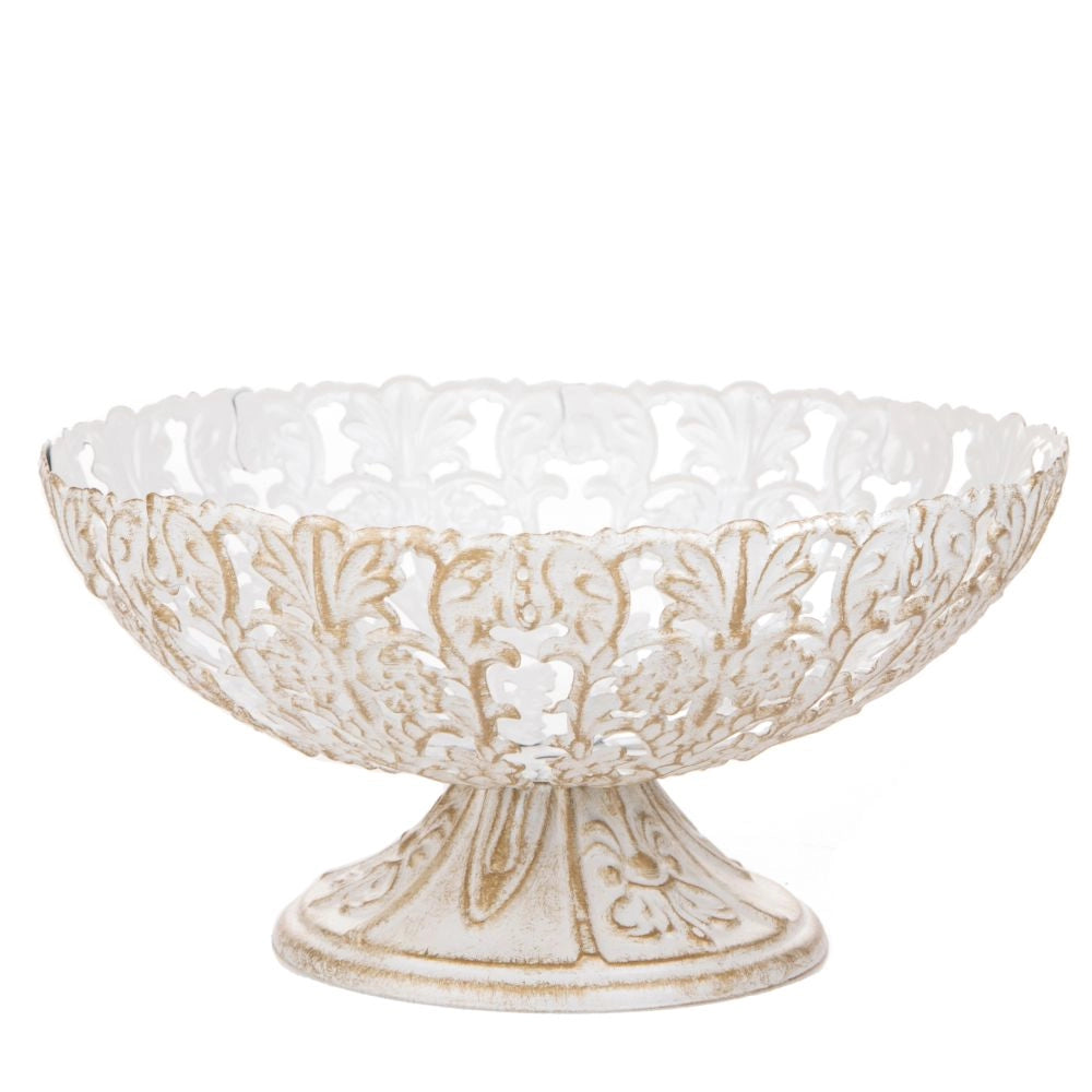 Coppa Decorativa con Intarsi 32 cm in Metallo Bianco e Oro