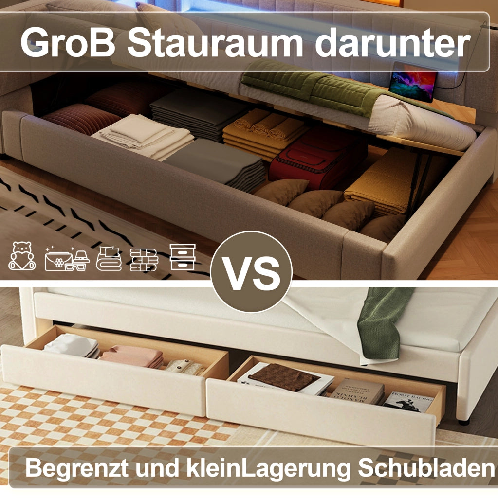 Letto singolo contenitore LED USB-C 90x200 cm beige
