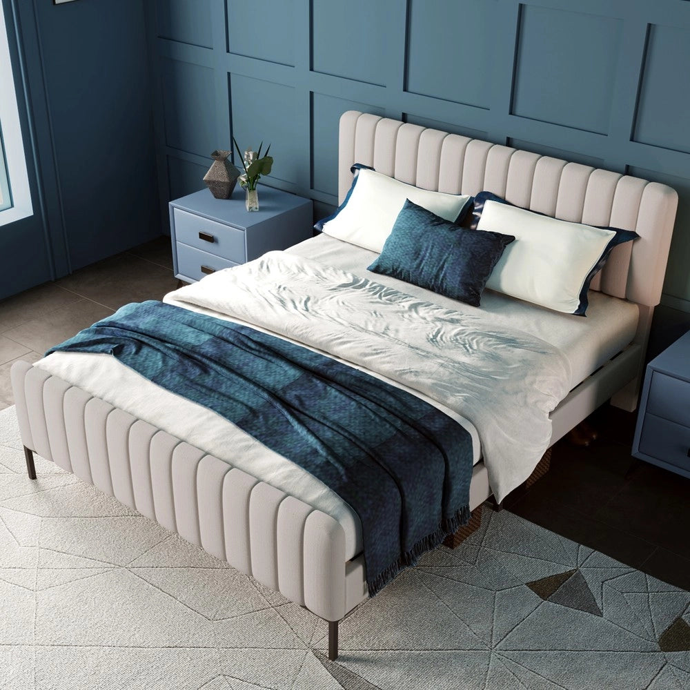 Letto Imbottito Matrimoniale con Testiera Regolabile ¨C MINIMAL ¨C Grigio Beige, Tessuto Lino, 140x200