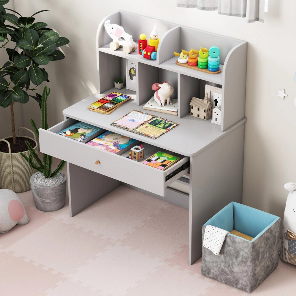 Scrivania in legno per bambini con mensola e cassetto spazio di stoccaggio, Tavolo da scrittura per lettura 80x48x102cm Grigio chiaro