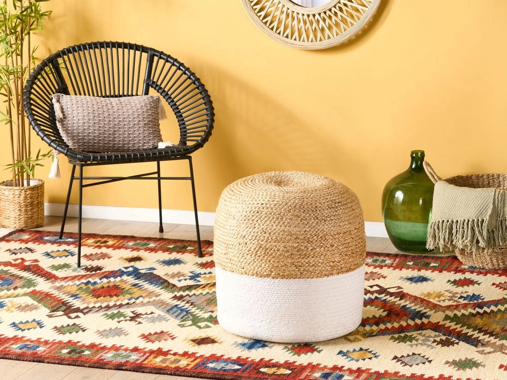 Pouf ottomana bianco iuta perline EPS riempimento rotondo ø 46 cm stile boho