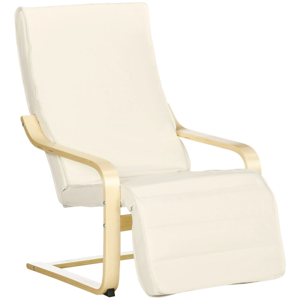 Poltrona Relax con Poggiapiedi Regolabile in 5 Posizioni Seduta Ampia in Betulla e Poliestere Bianco Crema 66;5 × 94 × 100 cm