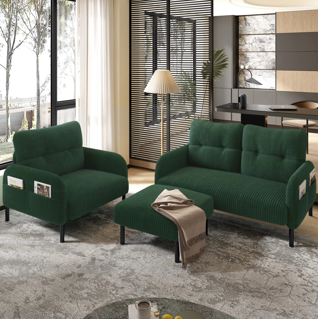 Poltrona singola in corduroy verde smeraldo con tasca laterale; 67 x 75 x 79 cm