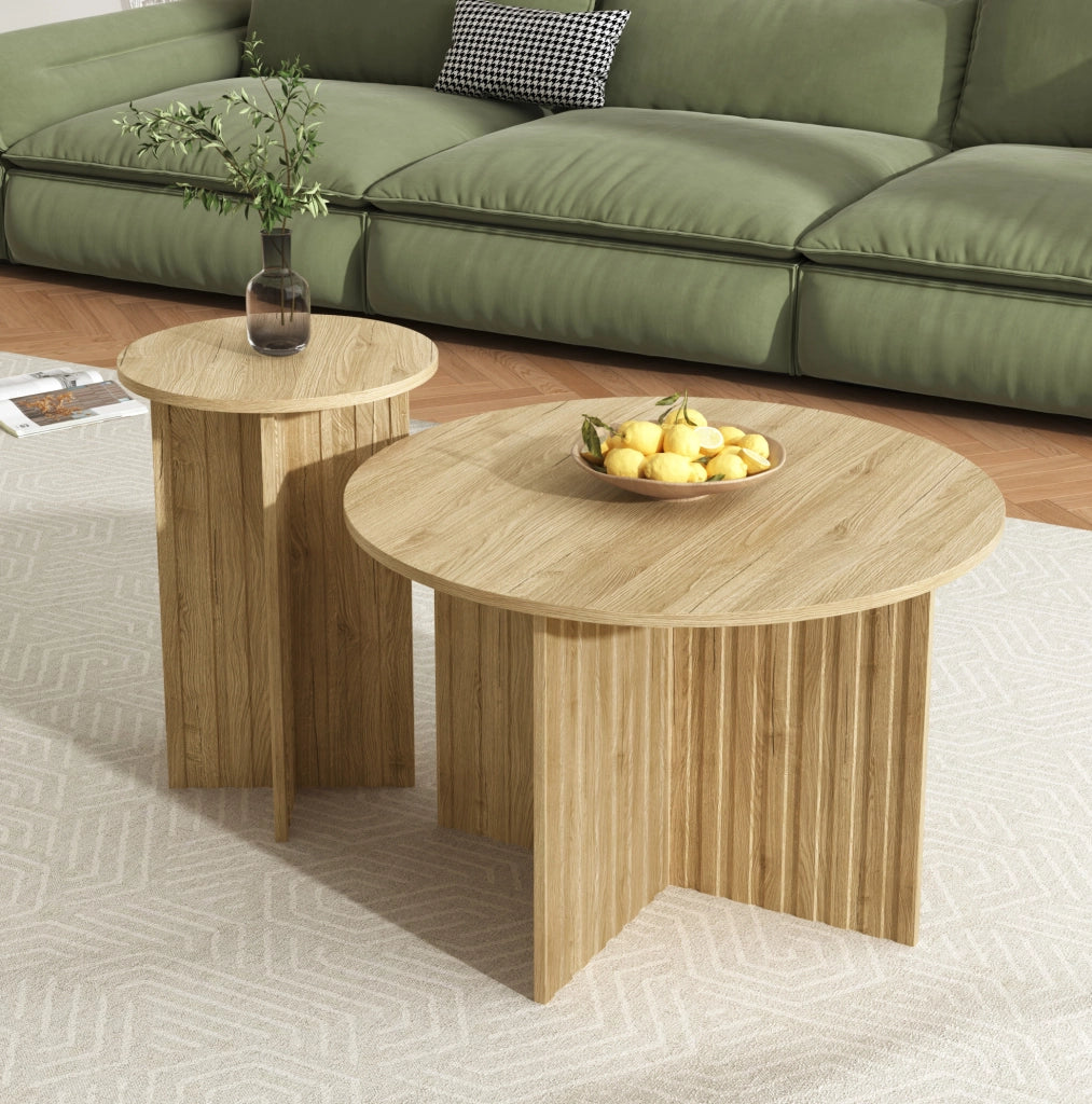 Set di 2 tavolini da salotto rotondi 76x76x50 cm e 40x40x56.5 cm; MDF e pannello truciolare; colore legno