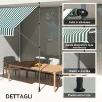 Tenda da Sole 2x1.2 m con Supporti Regolabili e Manovella, in Alluminio, Metallo e Poliestere, Verde e Bianco