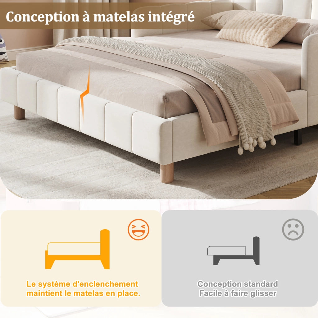Letto imbottito per bambini con testiera e sponde, 140x190 cm, velluto beige