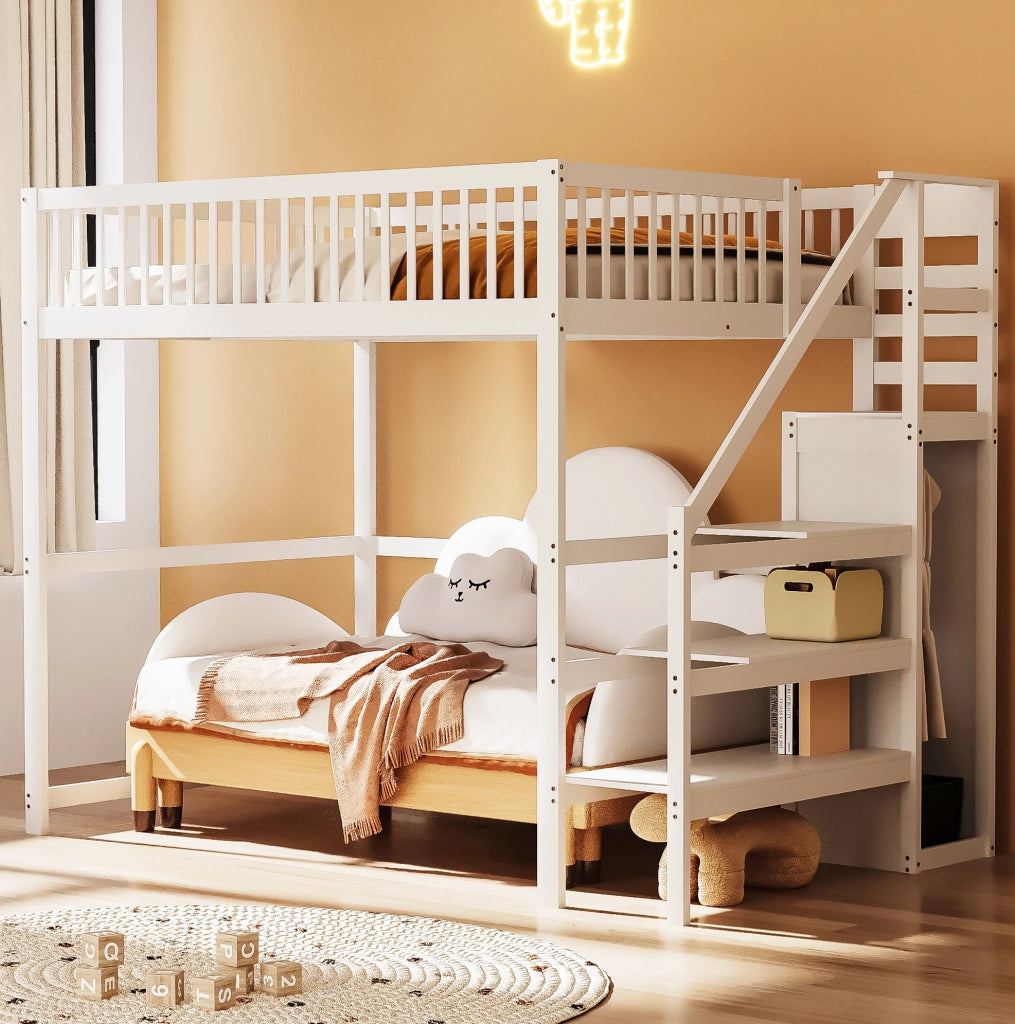 Letto a soppalco 140x200 cm con scala e armadio; legno; bianco (Senza materasso)