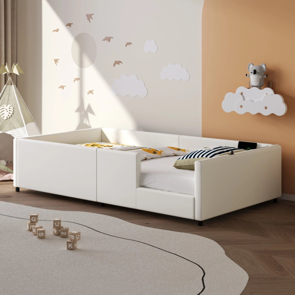 Letto singolo imbottito 90×200 cm con barriera di sicurezza, porte USB e USB-C, senza materasso, bianco