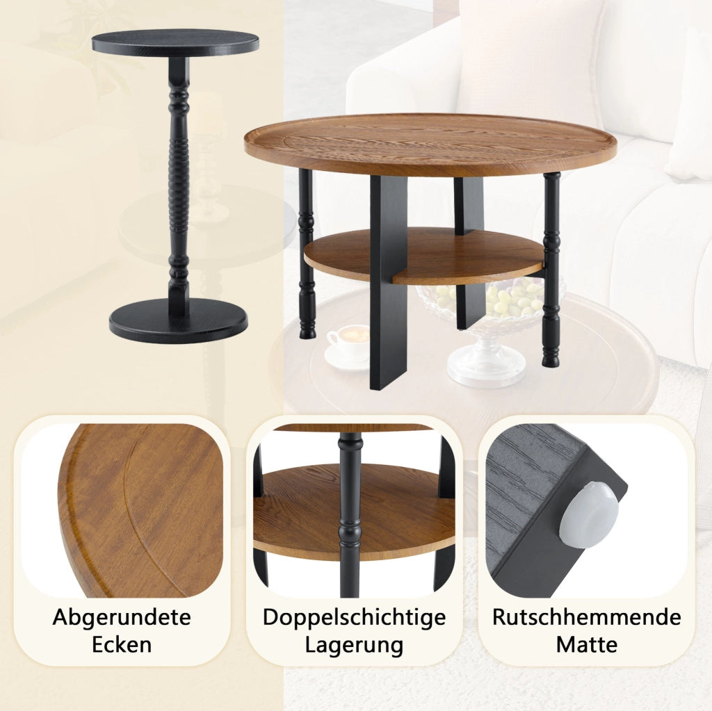 Set di 2 tavolini rotondi in MDF con rivestimento PVC; noce e nero