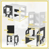 Scala Montessori 4 in 1 per Bambini con 2 Lavagne e Set Tavolo e Sedia, in Legno, 58x46x92 cm, Bianco