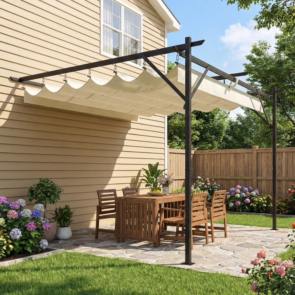 Pergola Addossata 3x3 m con Tetto Scorrevole e Fori di Drenaggio Crema