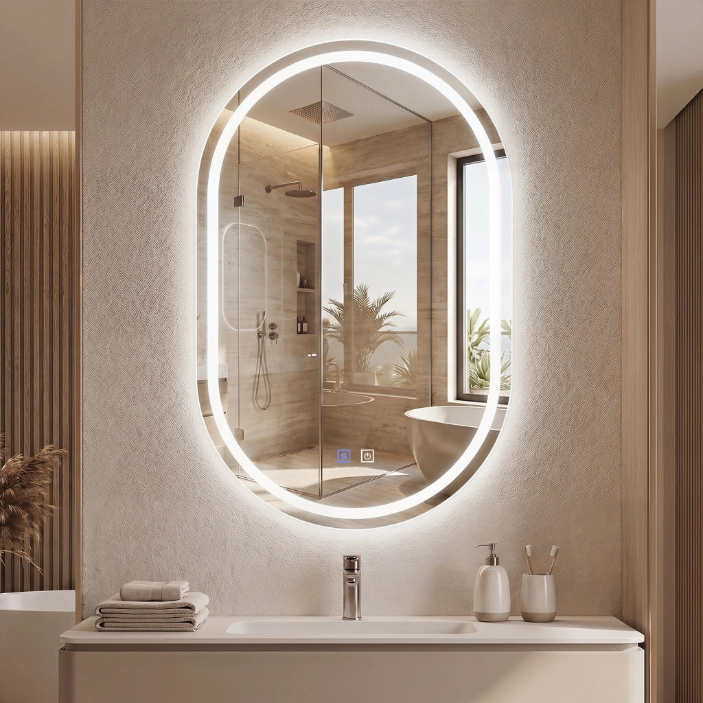 Specchio ovale da bagno con luce led e cornice metallo, Specchio da parete per bagno 50 x 80 cm