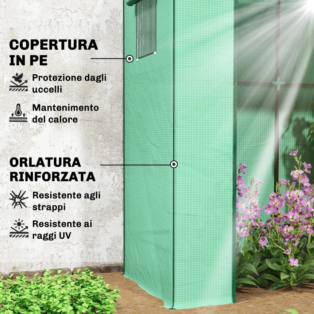 Serra per Piante con 2 Finestre Laterali a Rete e Ingresso Avvolgibile, in PE e Acciaio, 196x77x197 cm, Verde