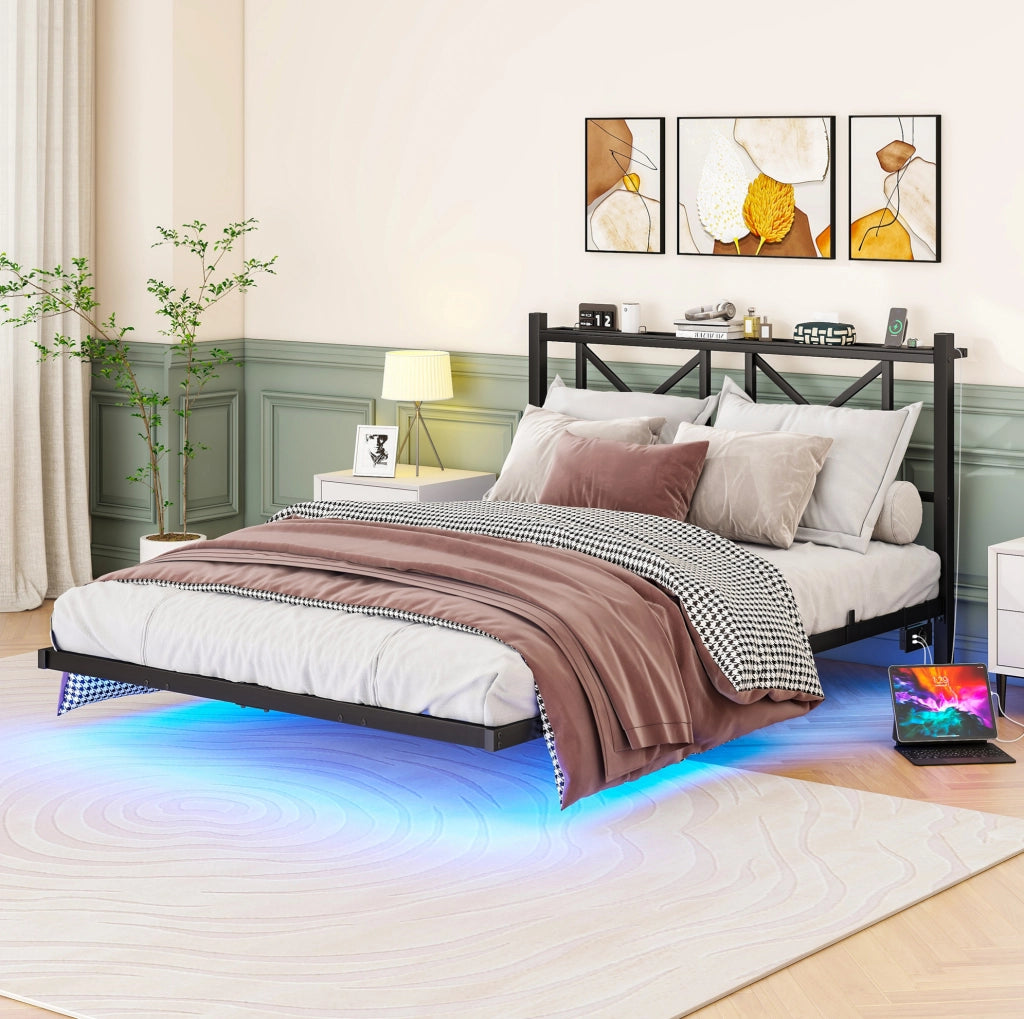Letto matrimoniale 140x200 cm sospeso con LED e ricarica USB