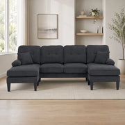 Divano a U 4 posti in tessuto di lino con 2 chaise longue; tasche; USB e Type-C; grigio scuro