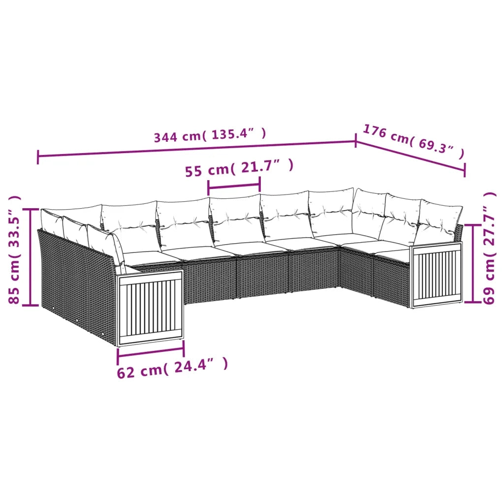 Set Divano da Giardino 10 pz con Cuscini Beige in Polyrattan 3260406