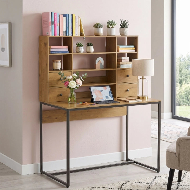 Scrivania con 4 cassetti e ripiani, piano 105 cm, effetto legno naturale