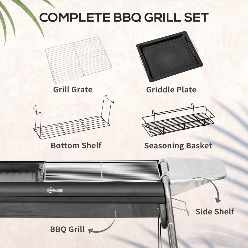 EasyComfort Barbecue a Carbonella con Griglia e Piastra di Cottura, Cestino e Ripiani, 107x63x75cm, Nero