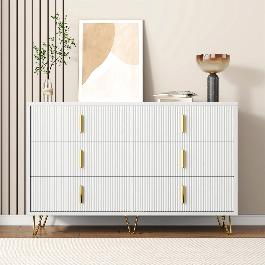 Credenza moderna con 6 cassetti, finitura bianca e dorata, 120 x 77 x 40 cm