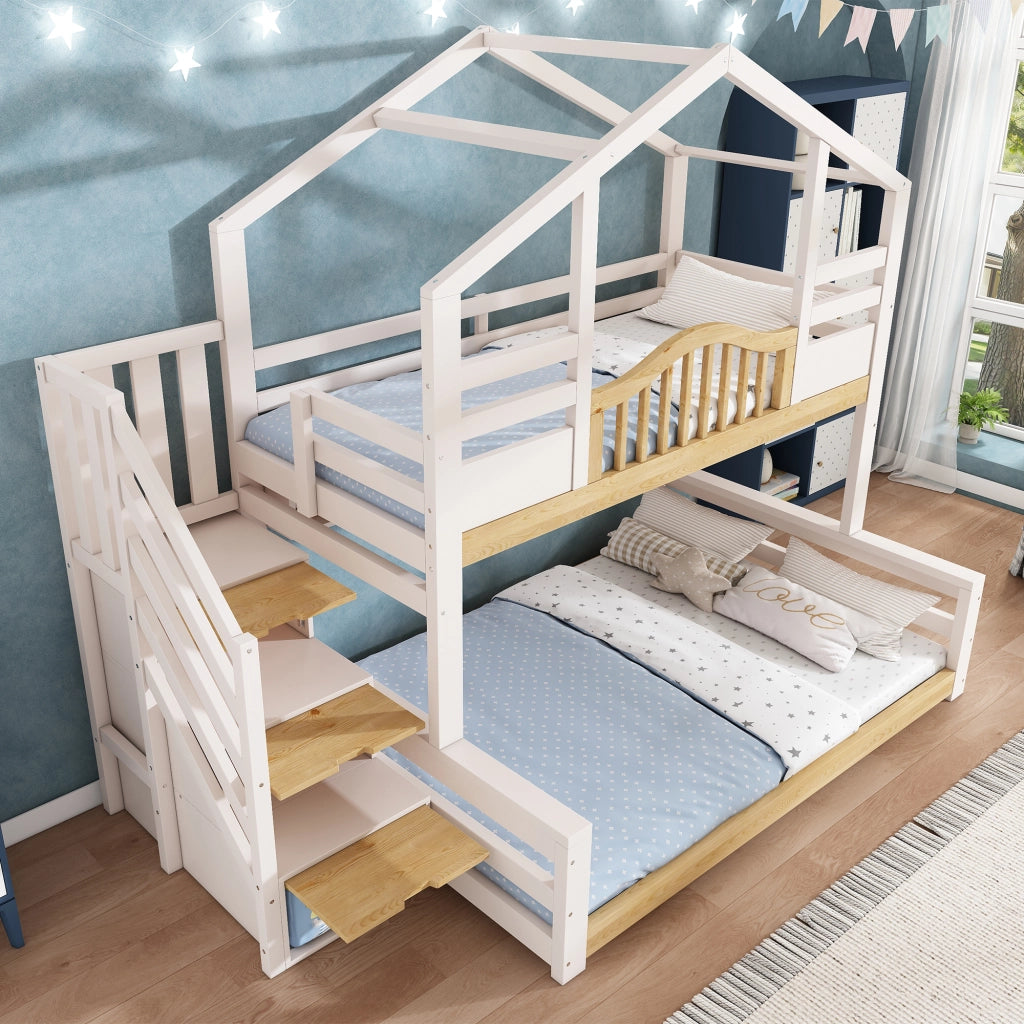 LETTO A CASTELLO 90x200/140x200 cm Bianco e Legno con scala-armadio