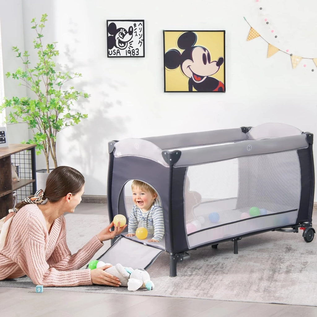 Lettino Campeggio per Bambini, Lettino da Viaggio Pieghevole con Fasciatoio, Culla Lettino per Neonati, con Giocattoli, Zanzariera, Box Portatile con Borsa, per Bambini 0-36 Mesi (Grigio)