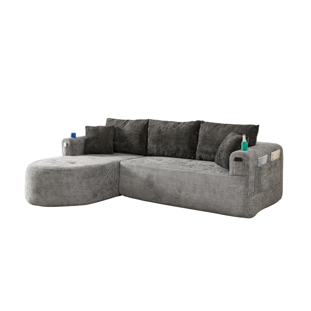 Divano Angolare a L con Braccioli e Tasche Laterali ¨C MINIMAL ¨C Lino Beige