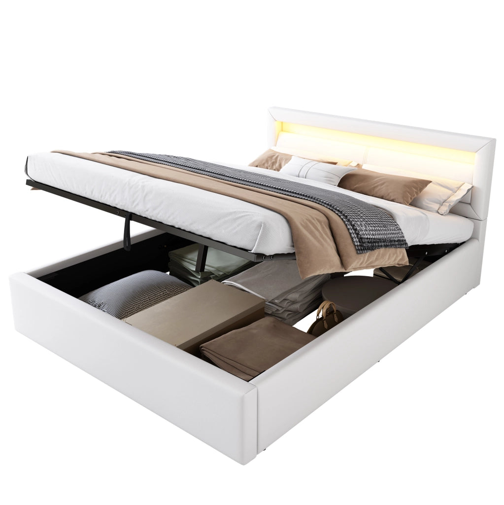 Letto imbottito 140x200 cm con contenitore; rete a doghe e luce LED bianca; bianco in PU