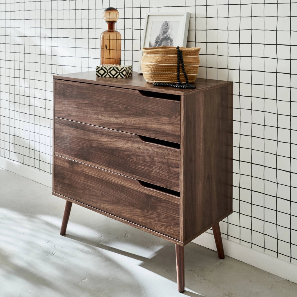 Cassettiera effetto legno di noce, 3 cassetti, marrone
