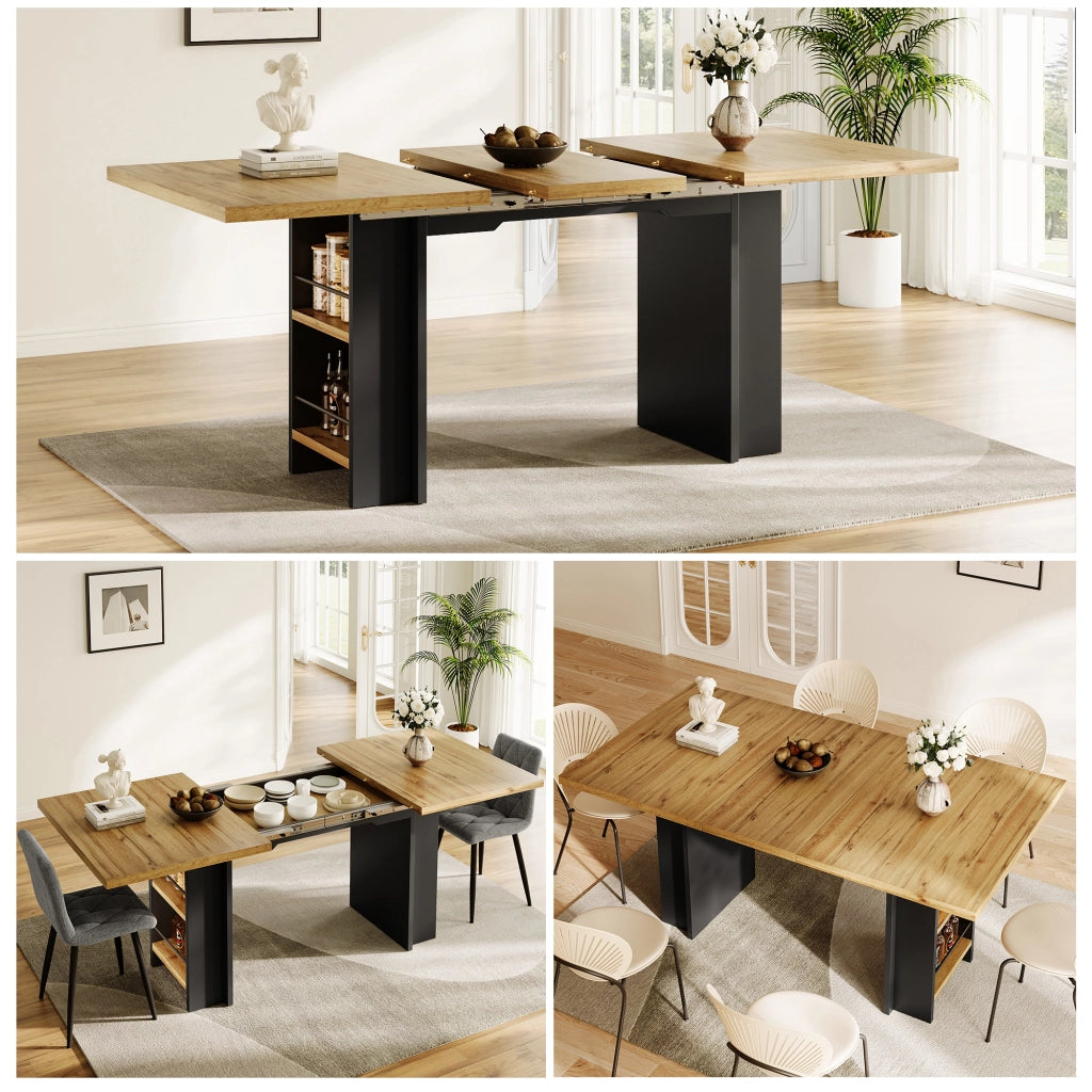 Tavolo da pranzo - telescopico 120-160x80 cm - con ripiani - legno naturale - per cucina e soggiorno