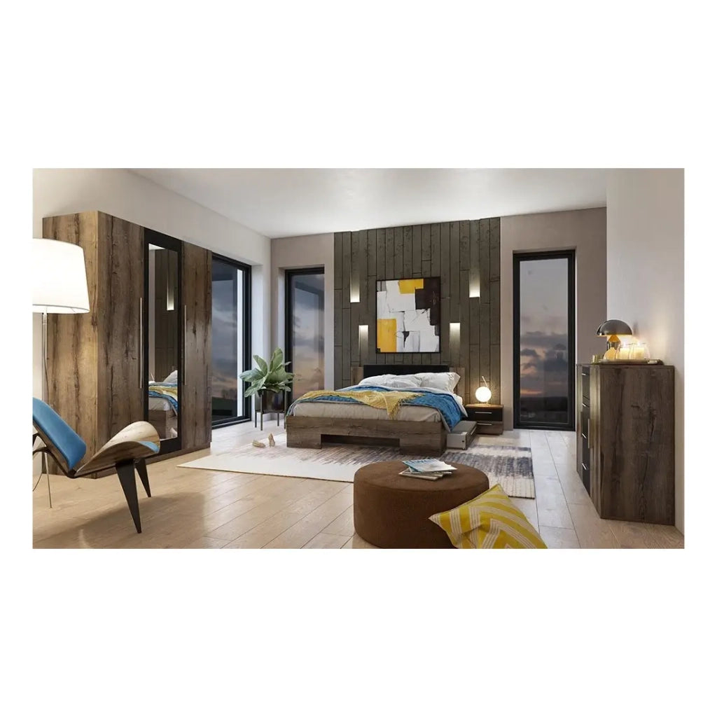Comò con 2 ante e 4 cassetti 130cm. Collezione IRINA in imitazione di rovere scuro e nero.