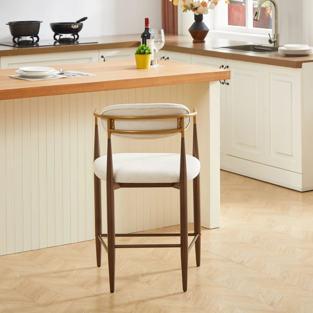 Set 2 Sgabelli da Bar con Braccioli Vintage ¨C MINIMAL ¨C Tessuto Crema, Struttura Marrone Scuro, Oro