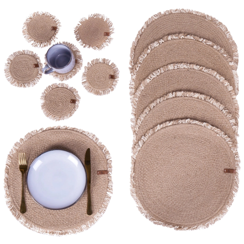 Set di 12 tovagliette e sottobicchieri rotondi in iuta naturale fatti a mano da 35/10 cm stile boho