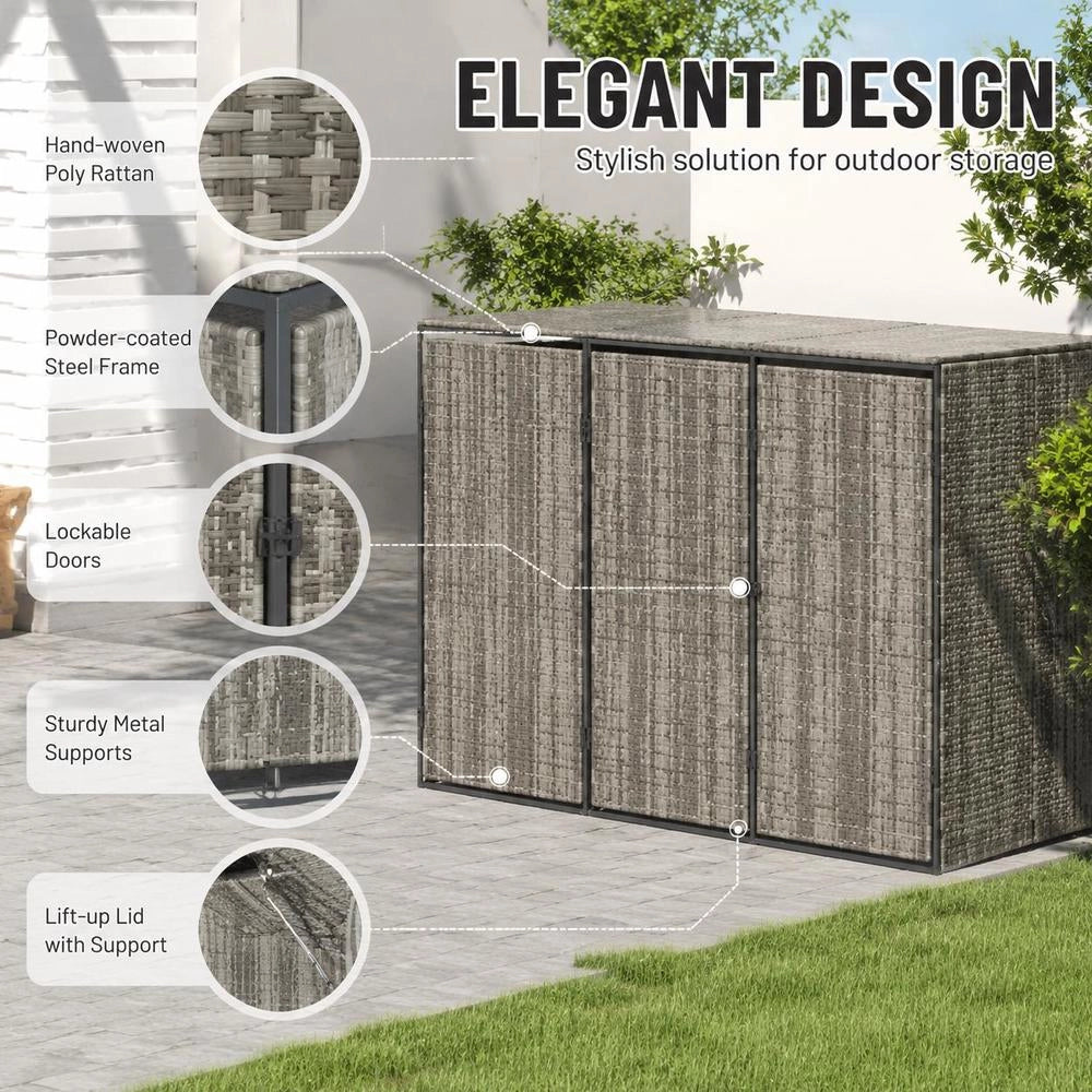 Bin Storage Unit For 3 Bins, Grey, 207x80x117 Cm, Poly Rattan