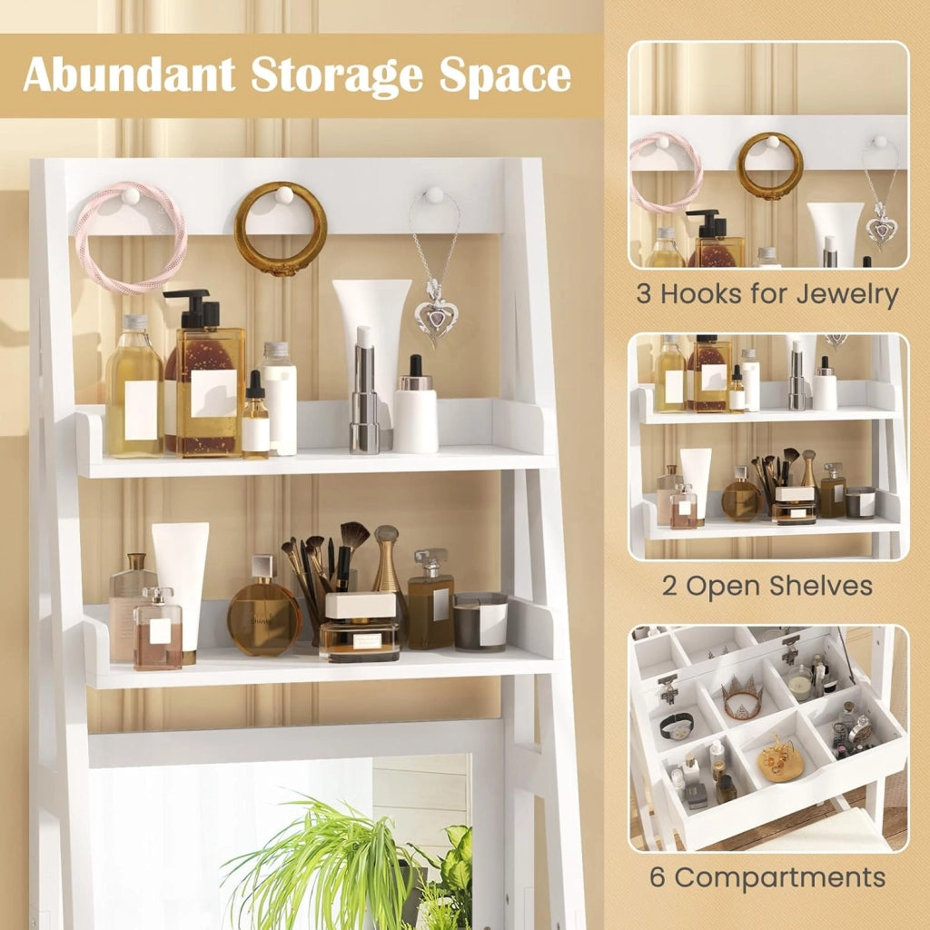 Tavolo da Toeletta con Sgabello con 3 Ganci, Scaffale da Stocaggio per Cosmetici, Set Mobile Camerette con Specchio Apribile, 60x40x180 cm